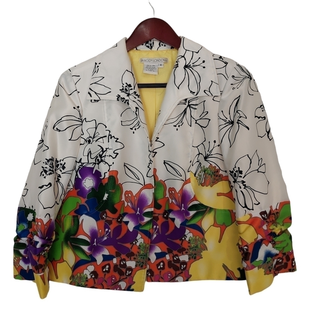 Maggy London Vintage Floral‎ Jacket Sz 8 White Colorful, Boxy, Retro, Funky Loud